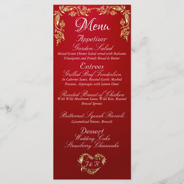 Gold Border on Crimson Red Wedding Menu (Front)