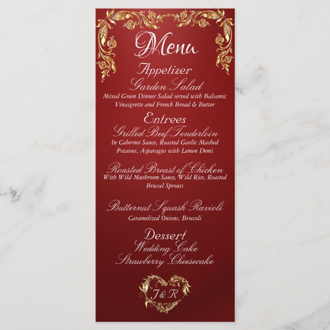 Gold Border on Ruby Red Wedding Menu (Front)