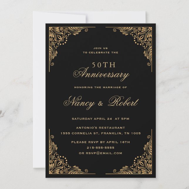 Gold Border Ornate Black 50th Wedding Anniversary Invitation (Front)