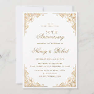 Gold Border Ornate White 50th Wedding Anniversary Invitation