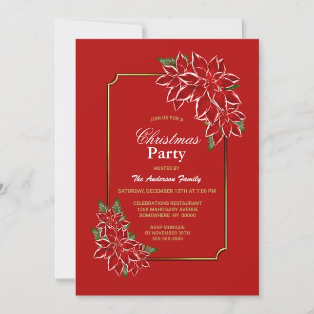 Gold Border Poinsettia Christmas Party Invitation (Front)