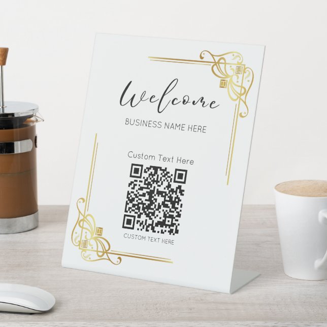 Gold Border QR Code Custom Text Business Pedestal Sign (In SItu)