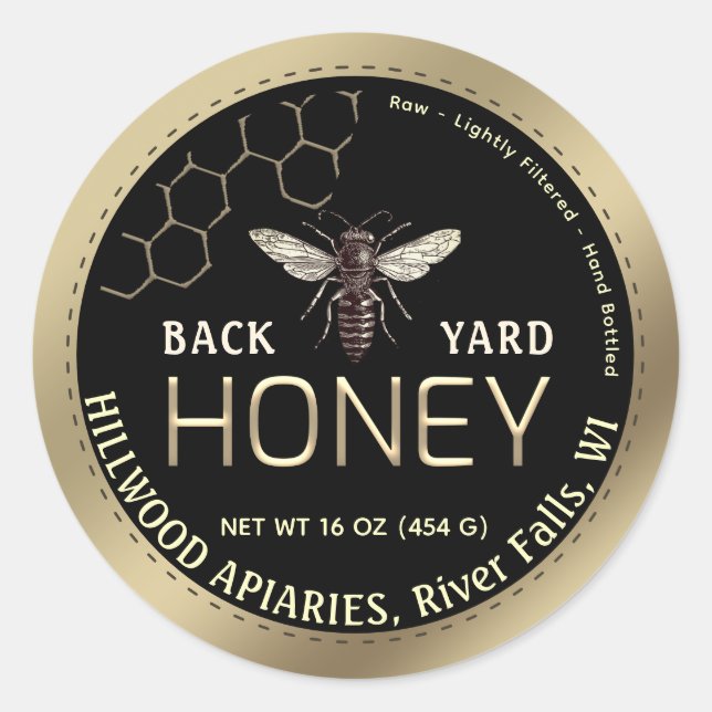 Gold Border Queen Bee with Honeycomb Honey Jar  Classic Round Sticker (Front)