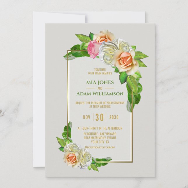 Gold Border Rose Floral Wedding Invitation (Front)