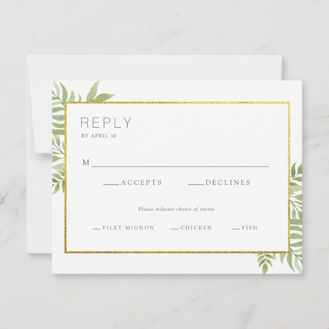Gold Border Sage Green Botanical Wedding Reply RSVP Card (Front)