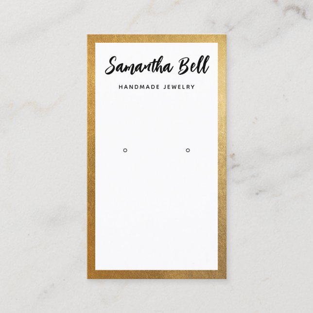 Gold Border Script White Earring Jewellery Business Card (Front)