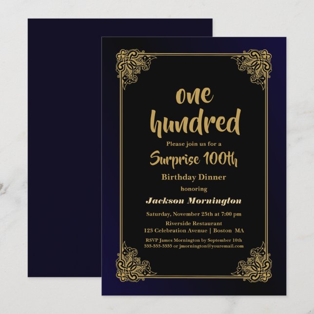 Gold Border Surprise 100th Birthday Dinner Invitation (Front/Back)