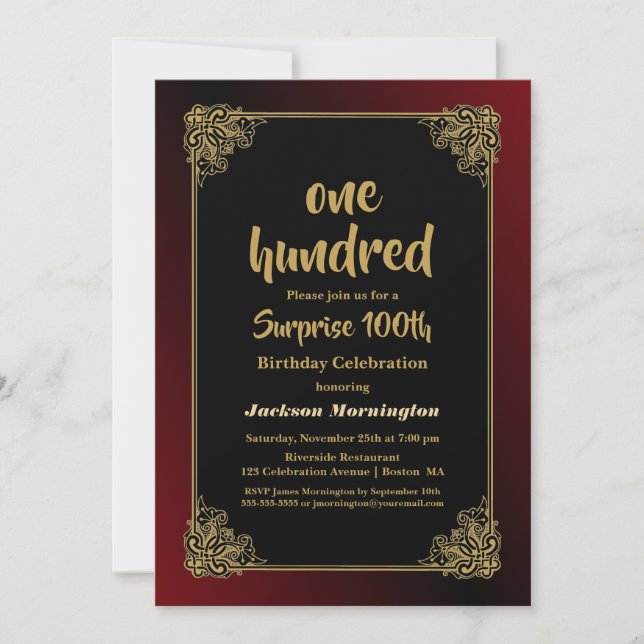 Gold Border Surprise 100th Birthday Invitation (Front)