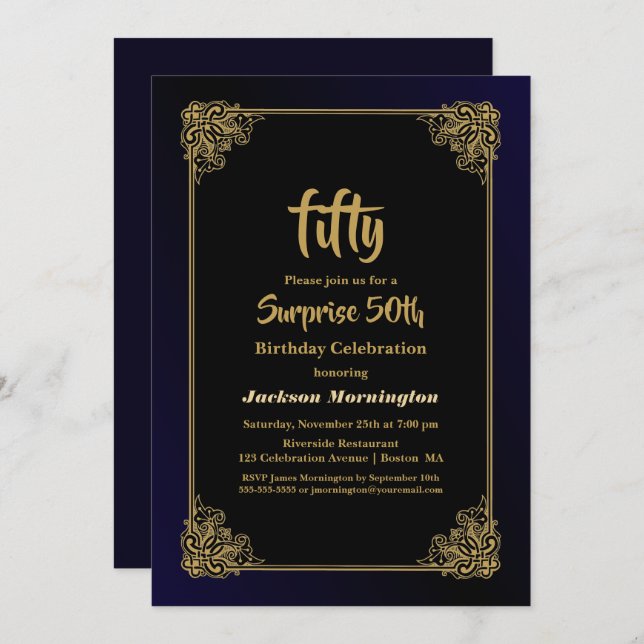 Gold Border Surprise 50th Birthday Party Invitation (Front/Back)