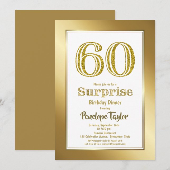 Gold Border Surprise 60th Birthday Dinner Party Invitation (Front/Back)