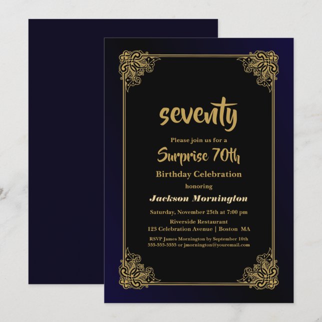 Gold Border Surprise 70th Birthday Party Invitation (Front/Back)