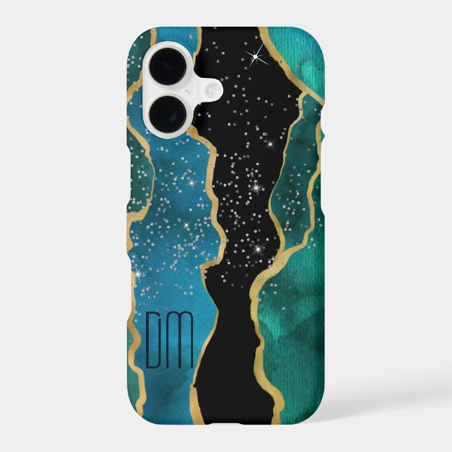 Gold Border Teal Agate Sparkle Monogram (Back)