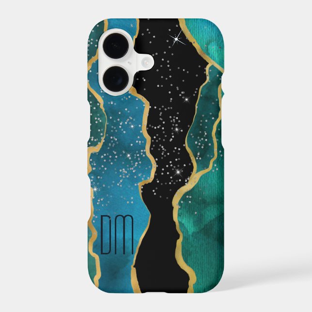 Gold Border Teal Agate Sparkle Monogram (Back)