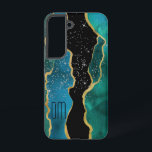 Gold Border Teal Agate Sparkle Monogram Samsung Galaxy Case<br><div class="desc">This pretty phone case features a dramatic abstract design in tones of blue,  teal,  gold and black. Tiny star confetti gives a sparkly effect,  with your monogram in dark blue against lighter blue at the bottom left. Stunning!</div>