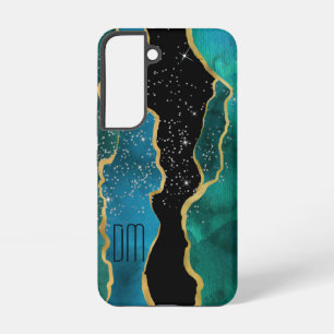 Gold Border Teal Agate Sparkle Monogram Samsung Galaxy Case