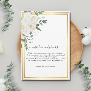 Gold Border White Roses Greenery Wedding  Thank You Card