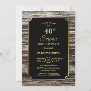 Gold Border Wood Surprise 40th Birthday Party Invitation