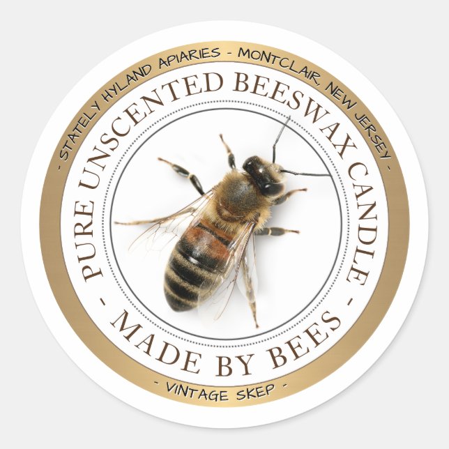 Gold Bordered Realistic Bee BEESWAX CANDLE Label (Front)