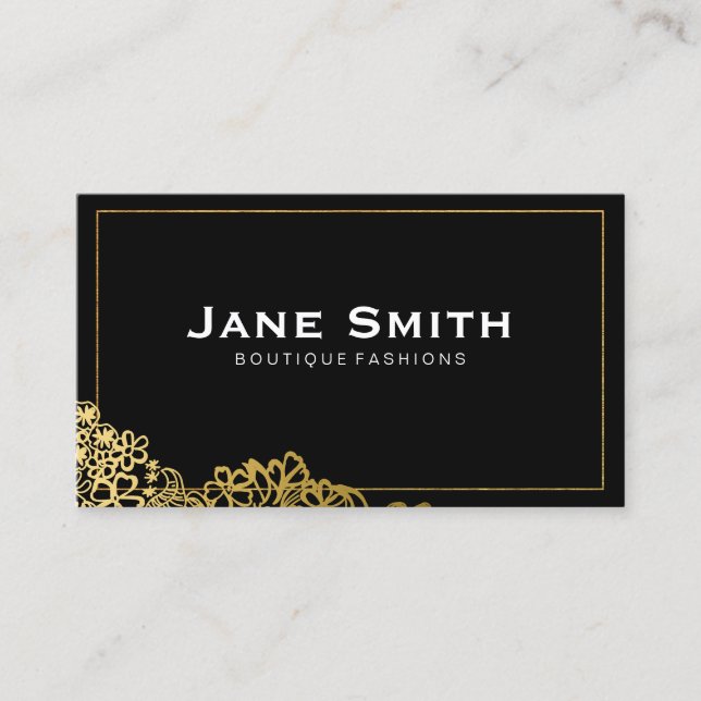 Gold Borders Elegant Floral Black Background Business Card (Front)
