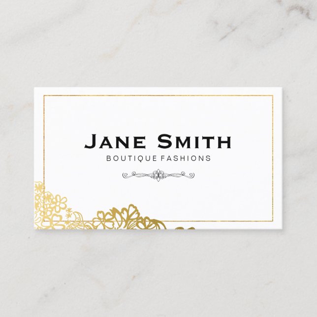 Gold Borders Elegant Floral Business Card (Front)