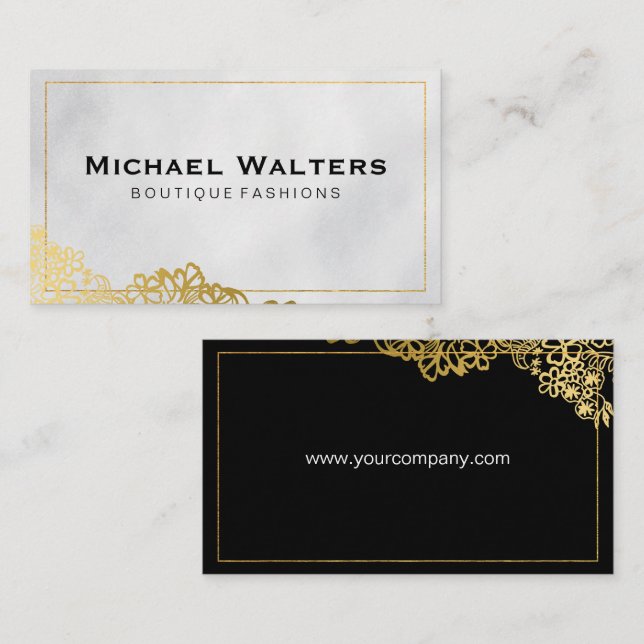 Gold Borders White Texture Background Business Card (Front/Back)