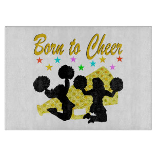GOLD BORN TO CHEER MEGAPHONE CHEERLEADER CUTTING BOARD