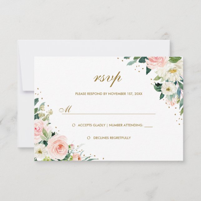 Gold Botanical Blush Floral Wedding RSVP Card (Front)
