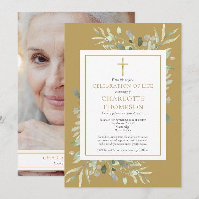 Gold Botanical Celebration of Life Funeral Photo Invitation (Front/Back)