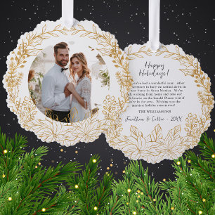 Gold Botanical Christmas Wreath Custom Photo Tree Decoration Card