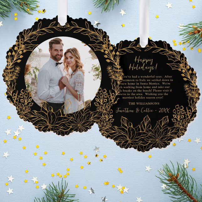 Gold Botanical Christmas Wreath Custom Photo Tree Decoration Card (Creator Uploaded)