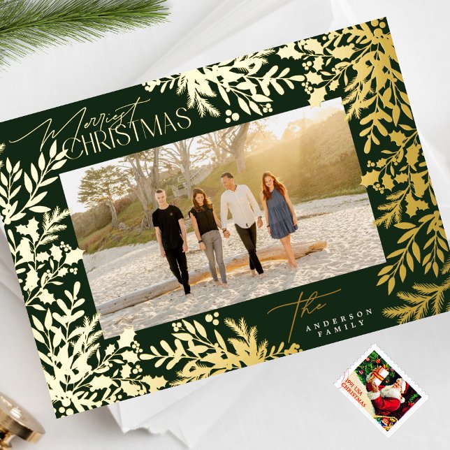 Gold Botanical Classic Merry Christmas Photo Foil Holiday Card (Creator Uploaded)