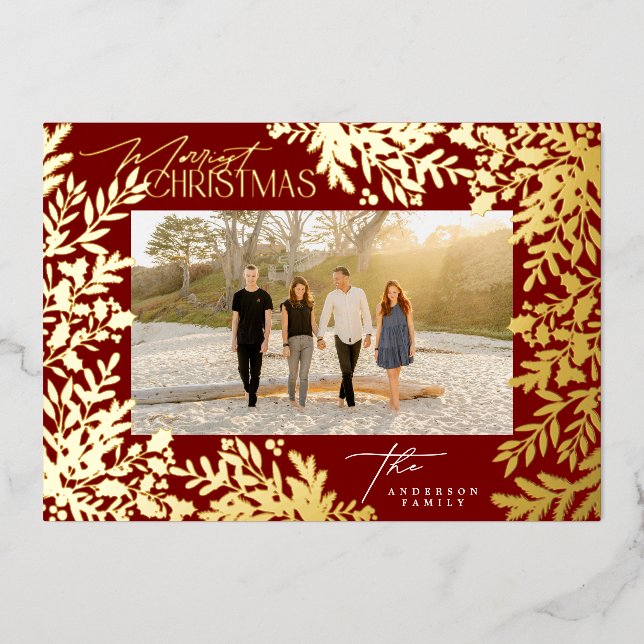 Gold Botanical Classic Red Merry Christmas Photo Foil Holiday Card (Front)