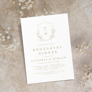Gold botanical crest monogram rehearsal dinner invitation