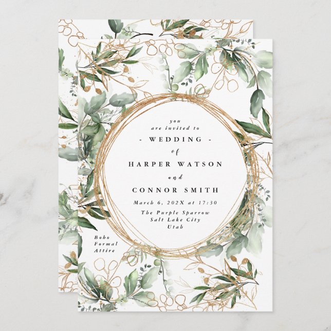 Gold Botanical Eucalyptus Elegant Circles Fall Invitation (Front/Back)