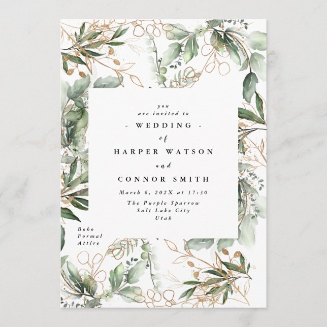 Gold Botanical Eucalyptus Elegant Greenery Fall Invitation (Front)