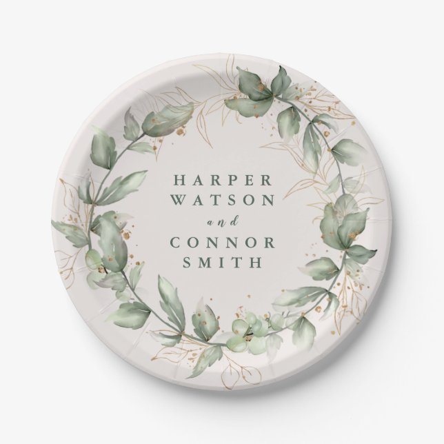 Gold Botanical Eucalyptus Elegant Greenery Moss Paper Plate (Front)