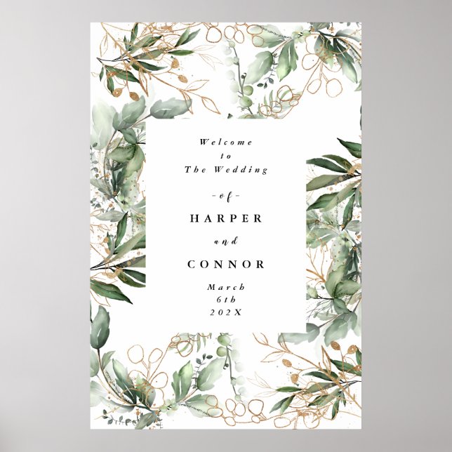 Gold Botanical Eucalyptus Elegant Greenery Moss Poster (Front)