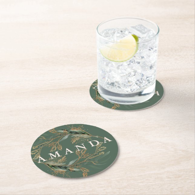 Gold Botanical Eucalyptus Elegant Greenery Moss Round Paper Coaster (Insitu)