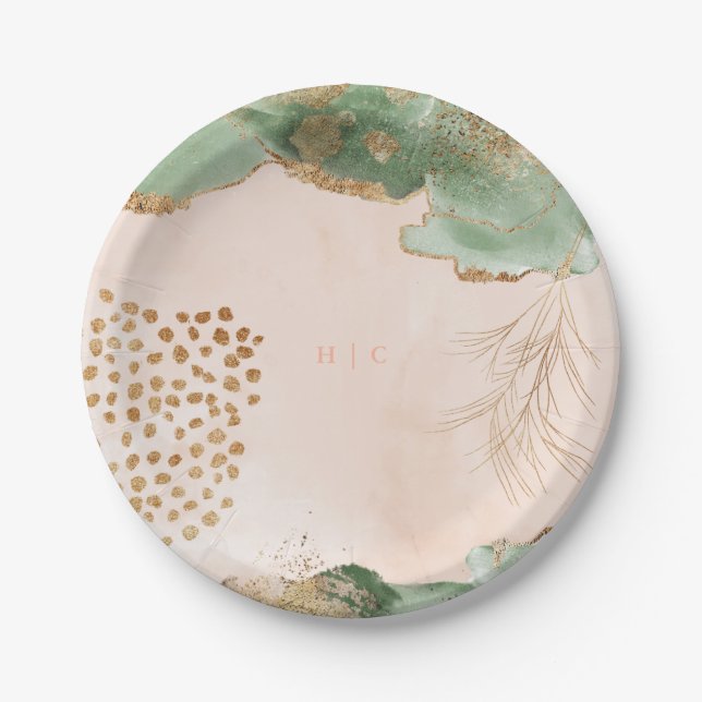 Gold Botanical Eucalyptus Modern Greenery Abstract Paper Plate (Front)