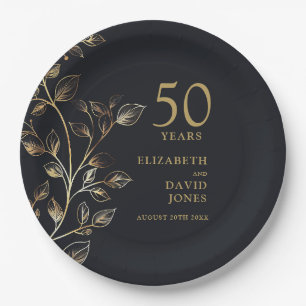 Gold Botanical Floral 50th Wedding Anniversary Paper Plate