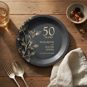 Gold Botanical Floral 50th Wedding Anniversary Paper Plate