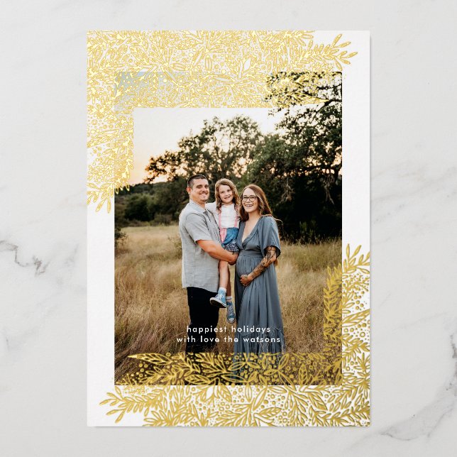 Gold Botanical Frame hand drawn Christmas Photo Foil Holiday Card (Front)