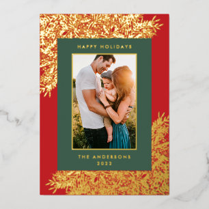 Gold Botanical Frame Text Photo Happy Foil Holiday Card