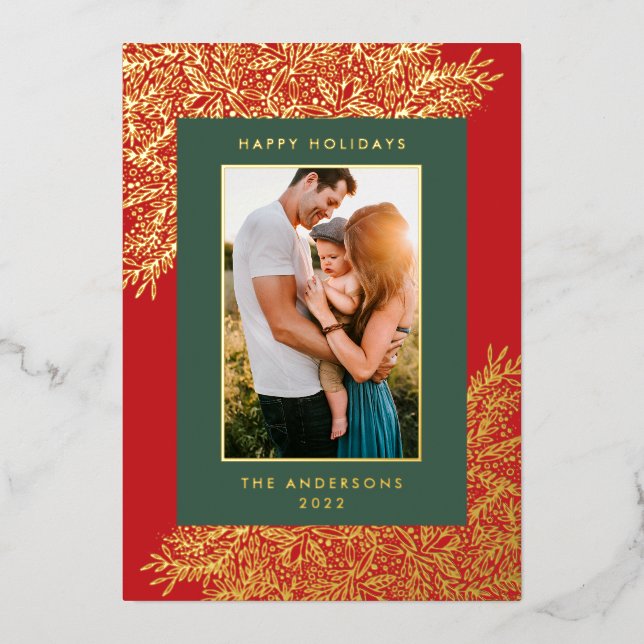 Gold Botanical Frame Text Photo Happy Foil Holiday Card (Front)