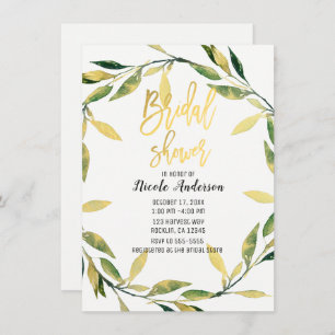Gold Botanical Green Leaf Wreath Bridal Shower Invitation