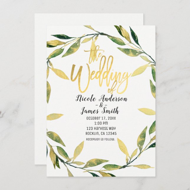 Gold Botanical Green Leaf Wreath Modern Wedding Invitation (Front/Back)