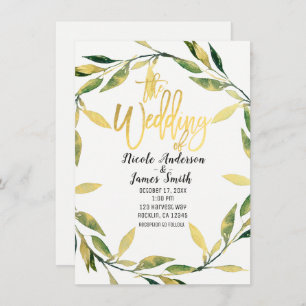 Gold Botanical Green Leaf Wreath Modern Wedding Invitation