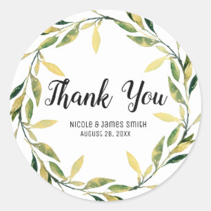 Gold Botanical Green Leaf Wreath Rustic Wedding Classic Round Sticker
