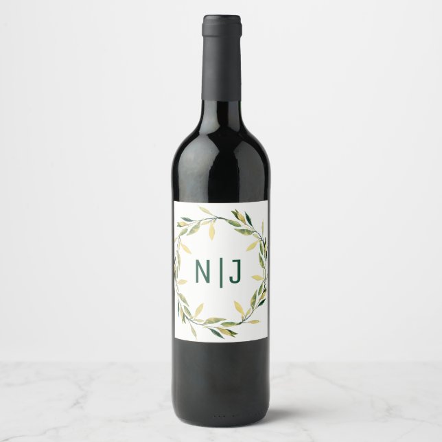 Gold Botanical Green Leaf Wreath Rustic Wine Label (Front)