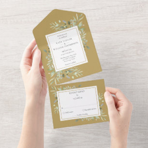Gold Botanical Greenery Leaves Wedding All In One Invitation
